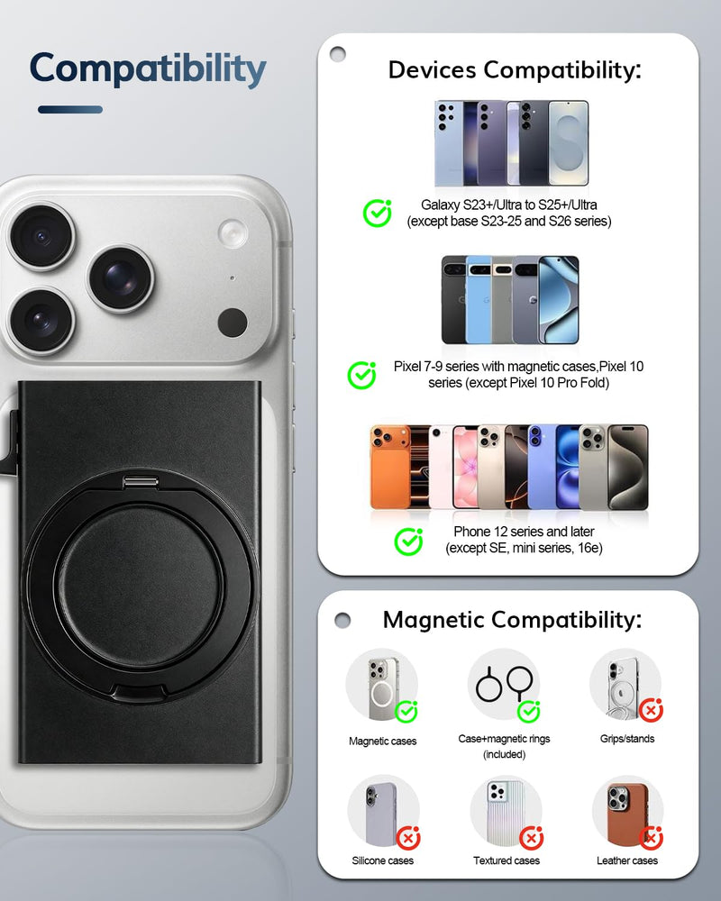 for MagSafe Wallet 360°Spin Magnetic Stand RFID Blocking, MagSafe Ring Included,Credit Card Holder Pop Up Cards RFID Slim Metal Magnetic Wallet for iPhone 17e/17/16/15/14/13/12 Selected Samsung