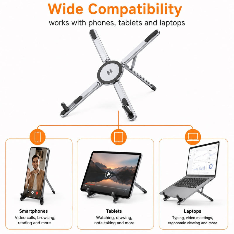 3 in 1 Magnetic Laptop Stand Foldable | For Phone Tablet Laptop 10-16 Inch, 8 Level Height Adjustable Computer Riser, ABS Plastic, Travel Desk Home Office Use