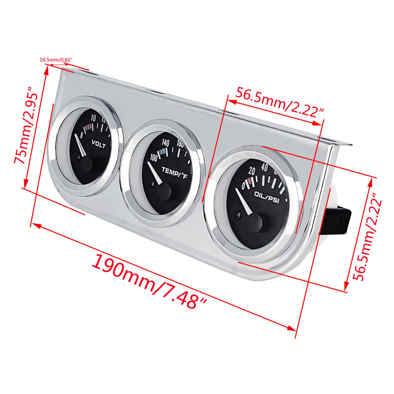 Chrome 3 in1 Triple Auto Gauge Meter Kit 52mm (8-16V Volt Meter +100-250℉ Water Temperature Gauge+ 0-100 psi Oil Pressure Meter) with Black Console for 12V Cars Multicolored