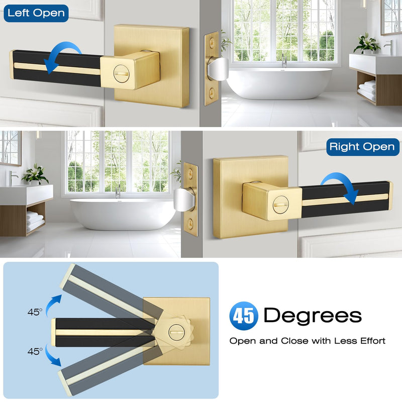 Gold Door Handle 1 Pcs, Privacy Door Levers with Black Leather Handle, Brass Interior Bedroom Bathroom Door Knob, Heavy Duty Privacy Bed/Bath Door Lockset, Reversible for Right/Left-Handed Door 1 Pack Privacy Door Handle - No Key
