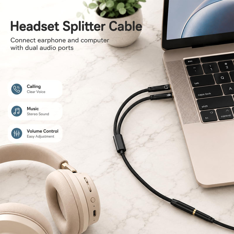 3.5mm Female to 2 Dual Male 3.5mm Audio Splitter, 2-in-1 Y Separator | 3.5 mm Aux Jack Cable 1 in 2 out, Headphone Mic Splitter for PC, Headset Jack Adapter Cable Dongle Cord for Phone, Laptop