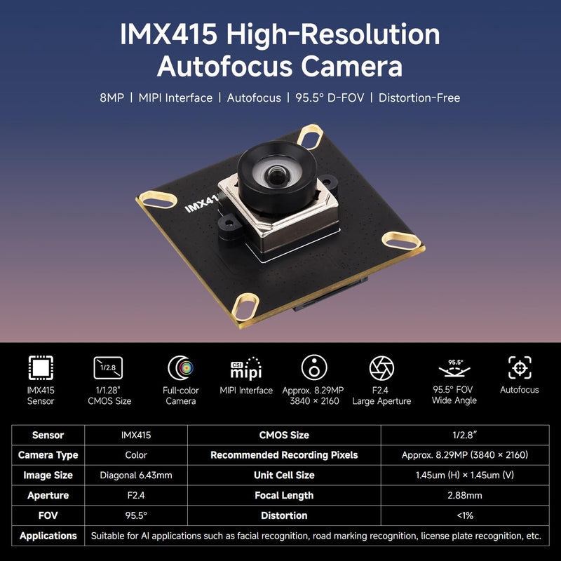 Waveshare IMX415 8MP MIPI Camera Module, Autofocus, 95.5° D-FOV, Distortion-Free, Compatible with Raspberry Pi 5 / 4B / 3 / Zero