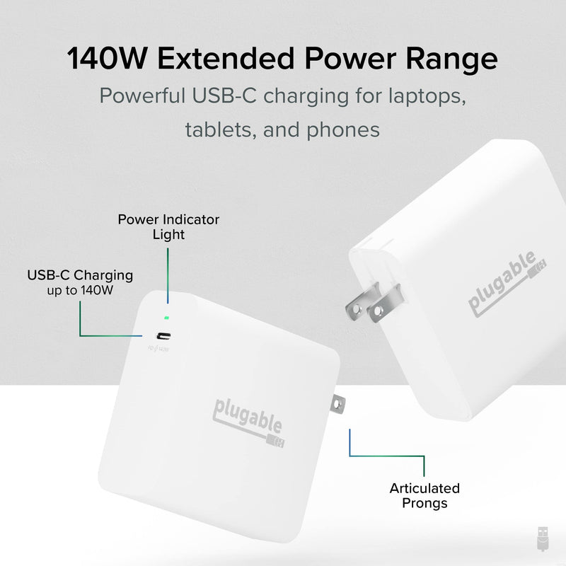 Plugable 140W USB C Charger, GaN Wall Charger for Laptop, PD 3.1 (EPR) Power Adapter, Compatible with MacBook Pro, MacBook Air iPad Pro, Surface and USB-C Devices