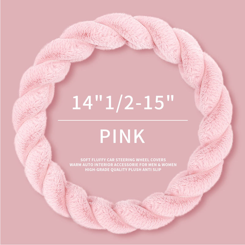 Luxury Fluffy Winter Car Steering Wheel Cover for Women Soft Warm Plush Cute Auto Accessories for Vehicle, Sedan, Universal, Fuzzy, Anti Slip, Pink, Standard Size, 14.75-15.15" Standard Size[14.75-15.15"](37.5-38.5cm)