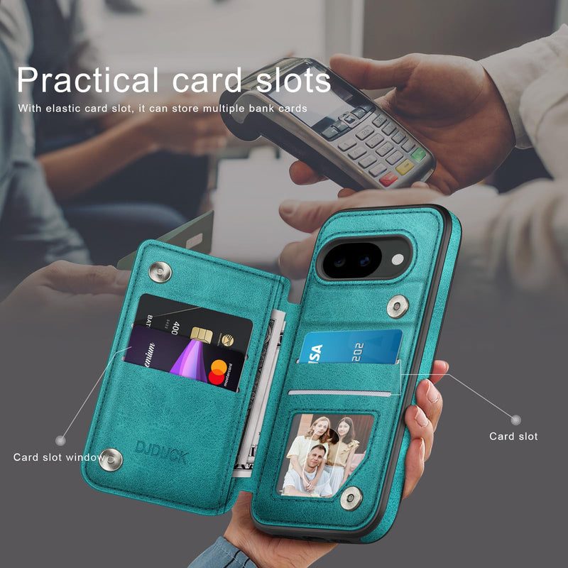 DJDUCK Designed for Google Pixel 10A Case Wallet with Card Holder, [Magnetic Clasp Cover] [RFID Blocking Leather Protection] Shockproof Women Men Cases 6.1 Inch for Pixel 10A Blue Green