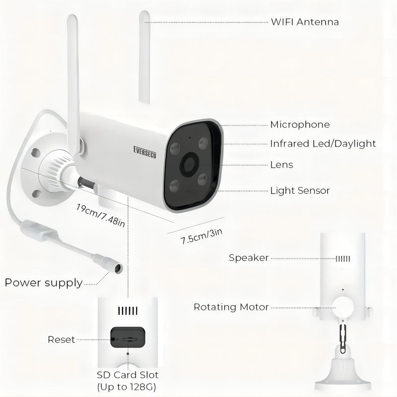 EVERSECU 2K WiFi PTZ Bullet Camera, Outdoor/Indoor, Pan/tilt, 2-Way Audio, Night Vision, Motion Detection Auto Tracking, Waterproof, Remote Access, RTSP Stream, Compatible with Alexa(4pack) 4pack White