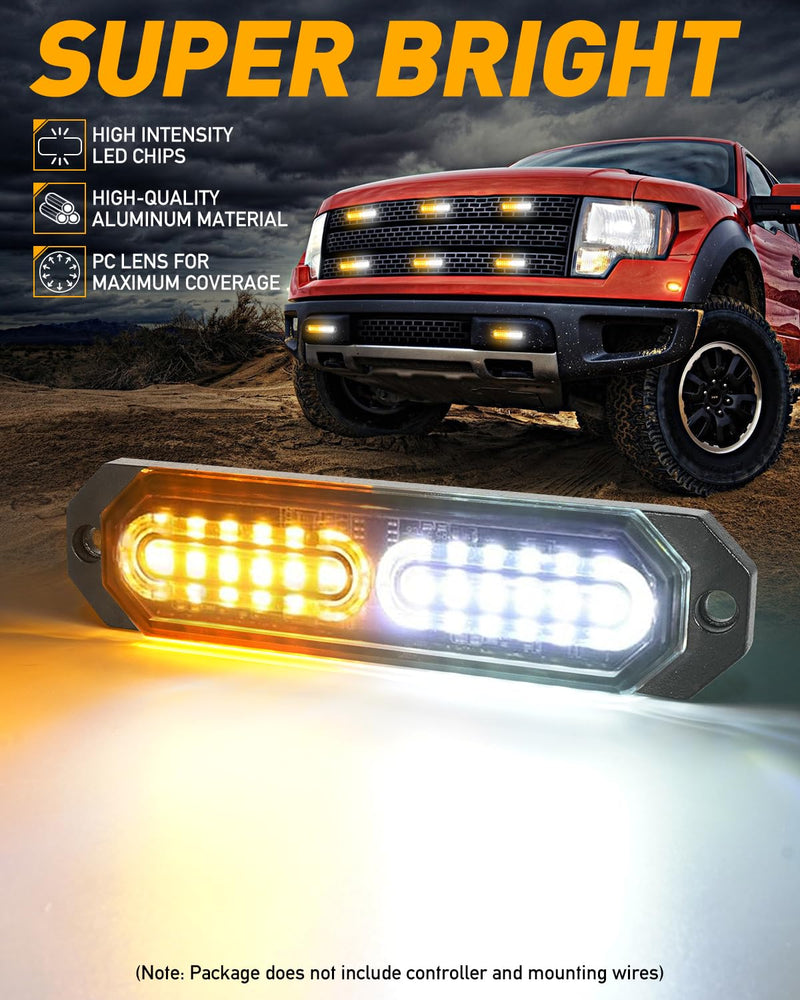 HLauto 1200T Emergency Strobe Grille Lights: 8pcs 12 LED Sync Feature Safety Warning Flashing Lights, Ultra Slim Surface Mount Hazard Caution Light for Trucks, Vehicles, Car, ATV, UTV (Amber White) Amber/White