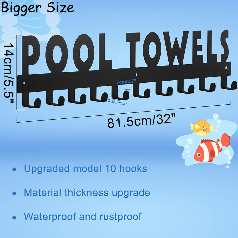 Pool Towel Rack Large Size 10 Hooks for Bathroom Wall Mount Towel Hooks Towel Holder Carbon Steel Hanger Organizer Indoor Outdoor for Robe, Towel, Coat, Swimsuit, Umbrella, Bag, Keys(Black 32Inch-10Hooks Black-Pool Towels