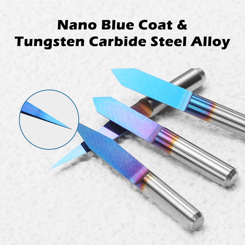Genmitsu 10 Pcs 1/8" Shank V-Groove CNC Router Bits, 10 /15 /20 /25 /30 /40 /45 /60 /90 Degree Set, Nano Blue Coat Conical V-Bit, Engraving Tool for CNC Signmaking Carving Lettering 2D&3D Sculpture 10/15/20/25/30/40/60/90 Degree-0.1/0.3mm Tip