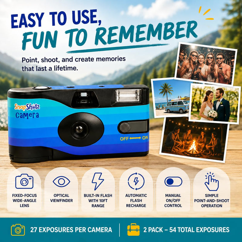 Flash 400 One-Time-Use Disposable Camera (27 Exposures) – 2 Pack with Built-in Flash – ISO 400 Film for Day or Night Shooting