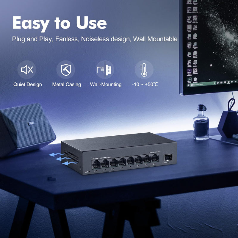 8 Port 2.5G Switch, 8 x 2.5GBASE-T Ports with 10G SFP+, 60Gbps Switching Capacity, Fanless Plug & Play YuLinca Unmanaged Network Switch Mini 8x2.5G + 1x10G SFP