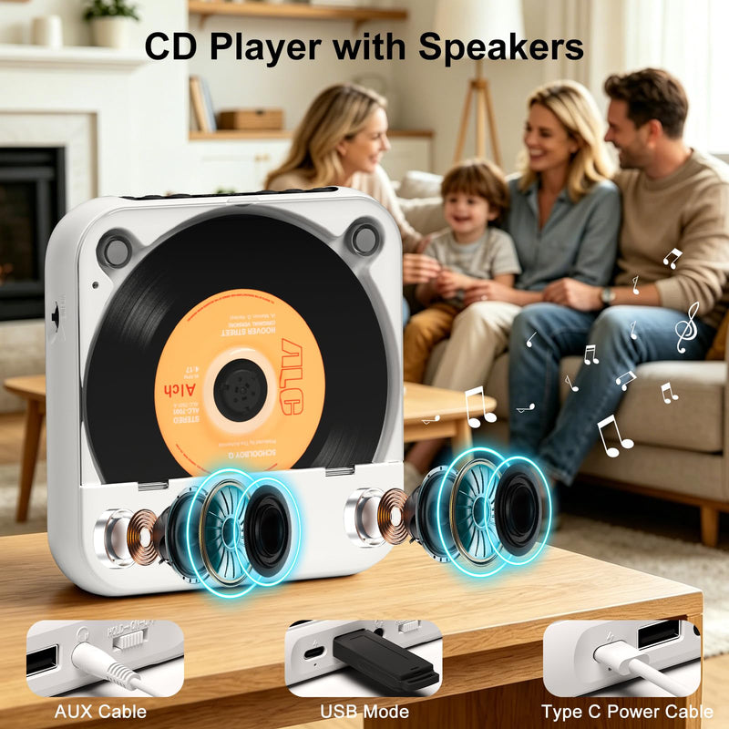 ZYOKATA CD Player Portable with Speakers Rechargeable for Home Audio Book with Headphones LCD Screen, Small Kids CD Players Bluetooth for Car Shockproof Support CD/AUX/USB (White)