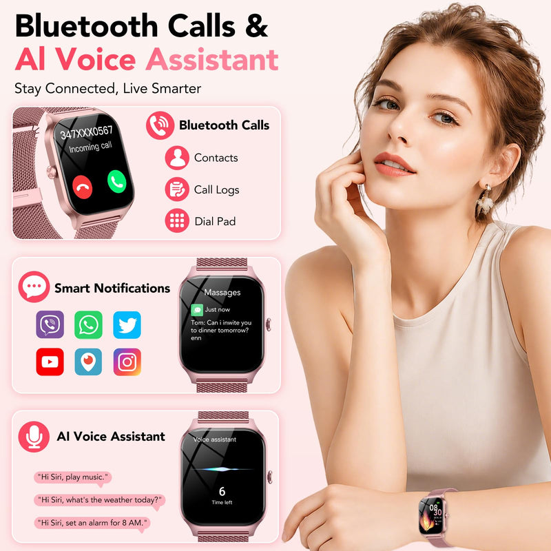 Smart Watch for Women, Answer/Make Call/AI Voice,1.85" HD Smartwatch Compatible for iPhone/Samsung/Android,120+Sport Modes Fitness Tracker with Heart Rate/Sleep Monitor, IP68Waterproof (2 Bands) Rose