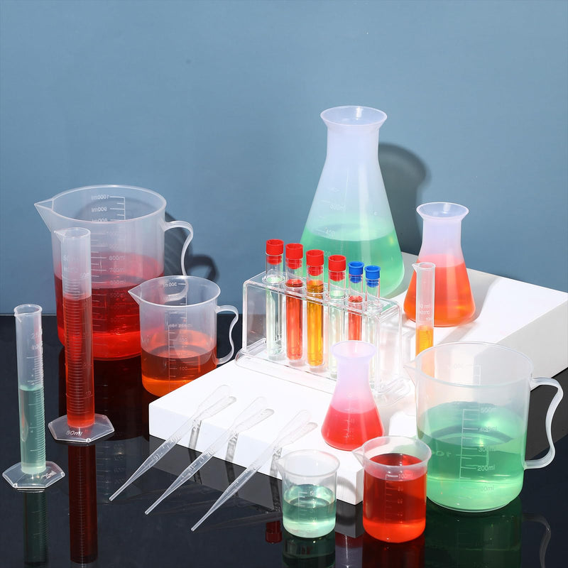 Baderke 28 Pcs Beakers and Test Tubes Set Including 3 Graduated Cylinder 5 Plastic Beakers 3 Erlenmeyer Flask 10 Droppers 6 Plastic Test Tubes with Rack for Home Science Lab Party DIY