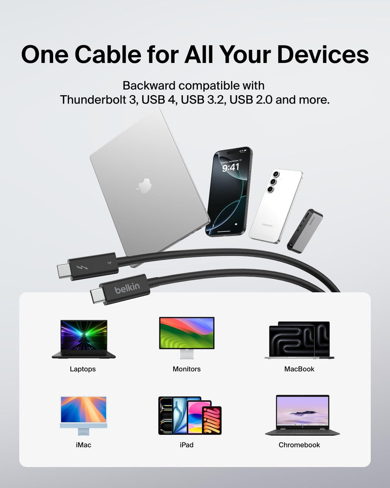 Belkin Thunderbolt 4 Cable (1M, 3.3ft Power Cable), USB-C to USB-C Cable w/ 100W Power Delivery, USB 4 Compliant, Compatible with Thunderbolt 3, MacBook Pro, eCPU & More - Intel Thunderbolt Certified 1M 1M Cable Length