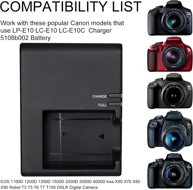 LP-E10 LC-E10C Quick Wall Battery Charger Compatible for Canon EOS Rebel T7 T100 T6 T5 T3, EOS 2000D 3000D 4000D 1300D 1200D 1100D 4000D DSLR Digital Cameras & More(NOT for T3i T5i T6i T6s T7i)