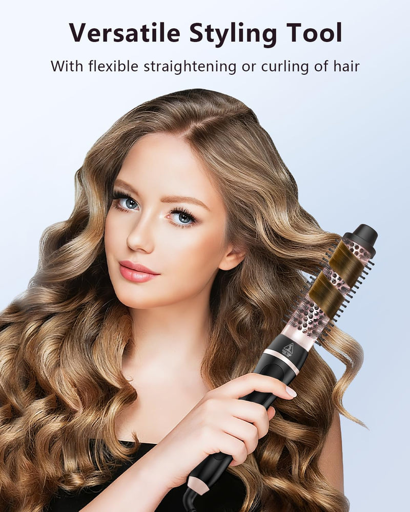 5 in 1 Curling Iron, Curling Wand Set with Thermal Brush Flat Iron Hair Straightener Interchangeable Ceramic Barrels (0.35"-1.25") Instant Heat Up for Waves Dual Voltage Hair Curler, Gifts for Women