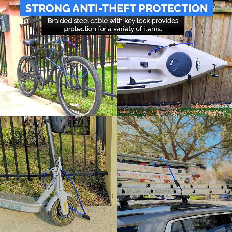 Security Cable Lock (5' to 25’ Lengths) with Keys | Weatherproof, Multi-Purpose, Anti-Theft Protection, 10mm Diameter, For Kayaks, Bikes, Paddleboards, Scooters, Equipment 10ft