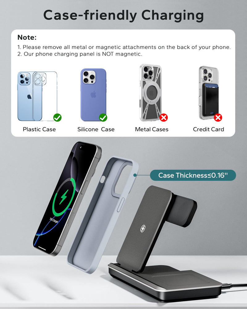 3 in 1 Charging Station for Apple, Foldable Wireless Charger Stand for iPhone 17 16 15 14, Fast Travel Phone Charging Dock for Multiple Devices for Apple Watch Ultra 11 10 9 8, AirPods 4 3 Pro Gray