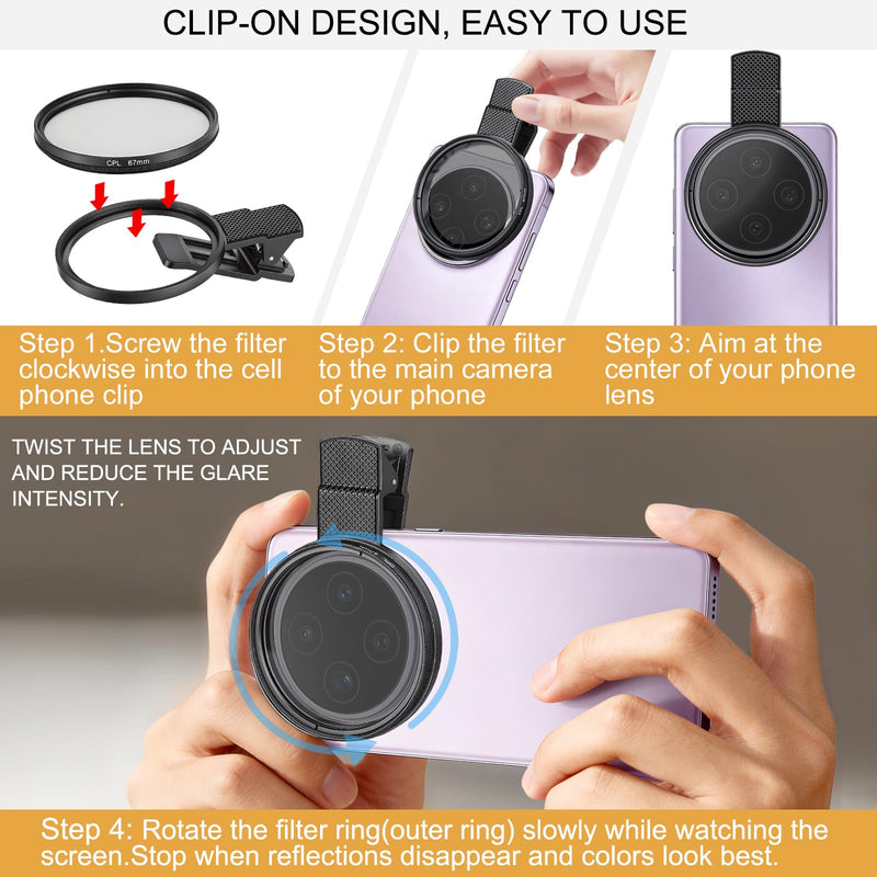 67mm CPL Filter for Phone/DSLR, HD Circular Polarizer Polarizing Filter, Lens Attachment for iPhone 17 16 15 14 13 12 Samsung Galaxy Pixel and Other Phones/Camera, Eliminate Reflections