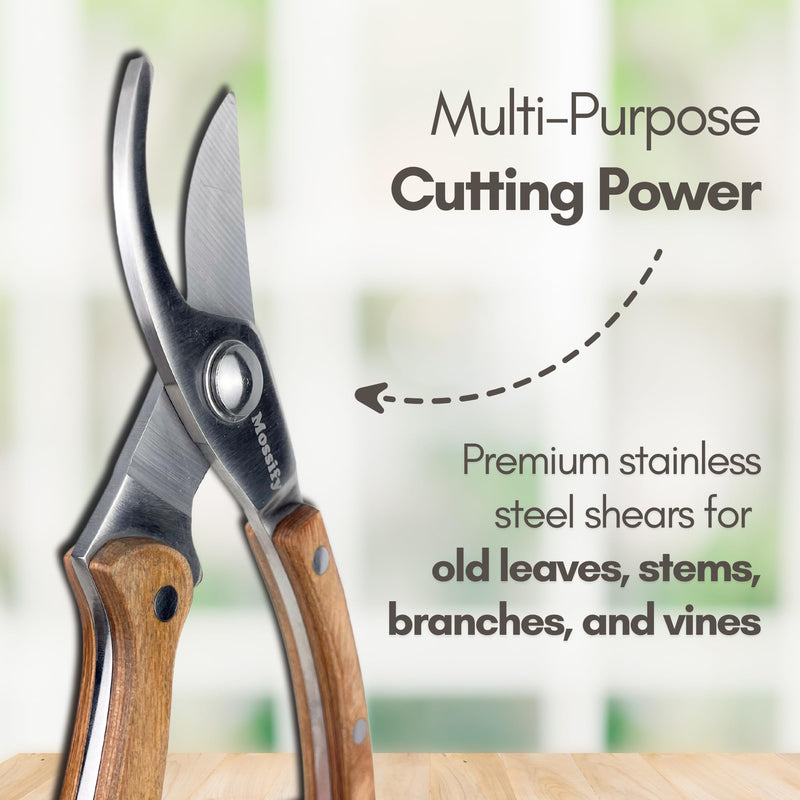 Mossify Garden Shears 8” – Premium Stainless Steel Pruning Shears for Gardening with Wooden Handle – Hand Pruners, Plant Clippers & Garden Scissors – Sharp Garden Tool for Left & Right Hand Use 8"Pruning Garden Shears