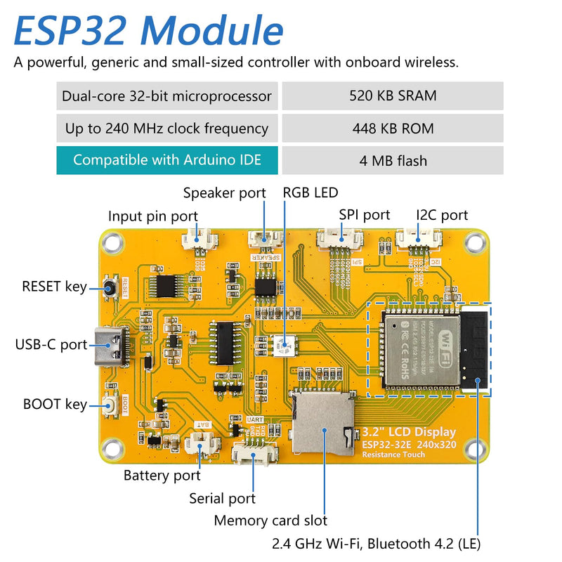 Freenove ESP32 Display CYD, 3.2 Inch Touchscreen Monitor, 240x320 Pixel IPS TFT LCD Screen ST7789 Driver, Dual-core 32-bit 240 MHz Microcontroller WiFi+BT, C Code LVGL Example Projects Tutorial 3.2 Inch ST7789 IPS Touch