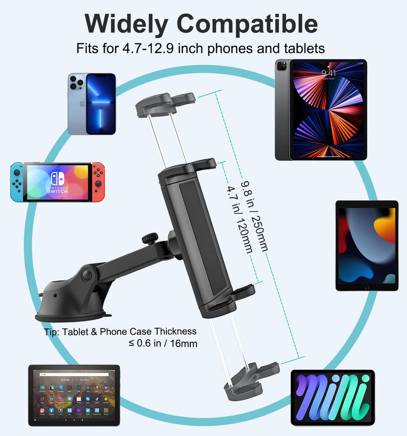 Car Dashboard Tablet Mount for Truck, [Telescopic Arm] Tablet Holder with Super Suction Cup, Vehicle Dash Windshield Stand for iPad Pro 12.9 Mini Air, Galaxy Tab, Z Fold, iPhone, 4-13" Tablets