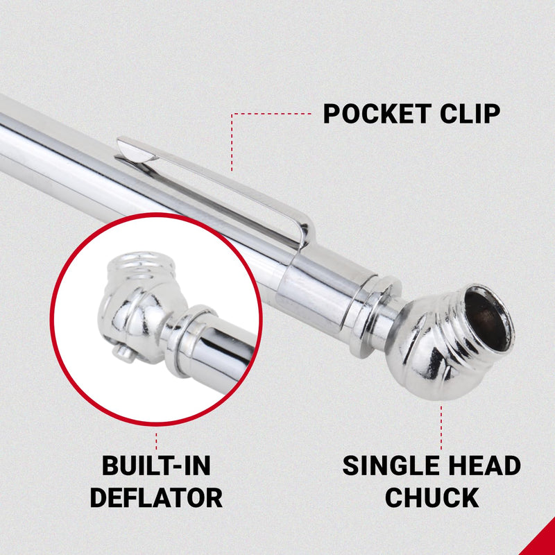 Accu-Gage Pencil Tire Pressure Gauge (2-20 PSI) Heavy Duty Stainless Steel Low Pressure Gauge Single Head Air Chuck wi/Built-in Deflator, 4 Replacement Tire Valve Caps