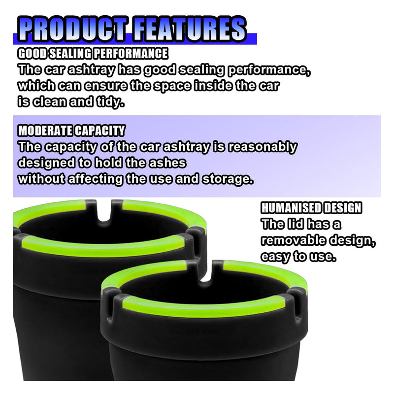 2PCS Smokeless Car Ashtray, Glow In The Dark Smellproof Cup Holder Ashtray with Lid, Multifunction Portable Auto Interior Ash Trash Holder for Keep Tidy, Universal for Car, Truck, SUV (Black) Black