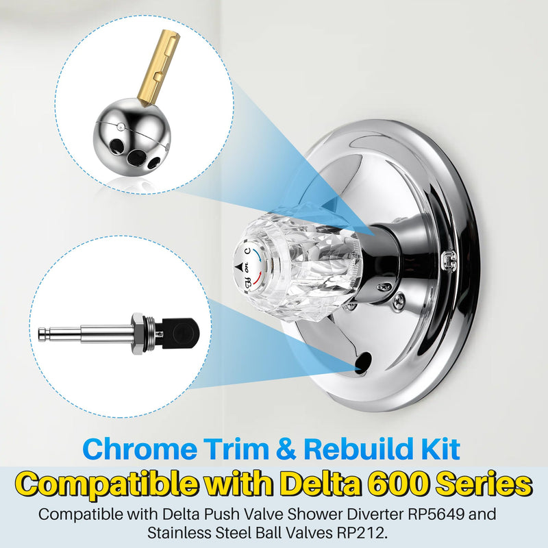 Shower Handle Renovation Repair Trim Kit Compatible with Delta RP6046, Single Handle Trim Kit Compatible with Delta 600 Series Shower Valve(Knob,Chrome) Chrome Knob