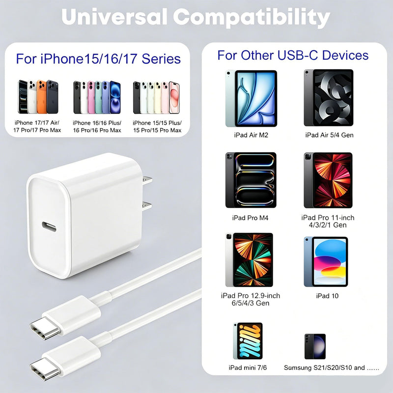 20W Fast Charger for iPhone 15 16 17, Portable Charging Block with 6FT USB-C Cable