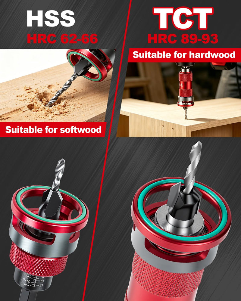 8PCS Upgrade Countersink Drill Bits Set, Quick-Adjust Two Flute TCT Alloy Tapered Counterbore with Adjustable Depth Stop Collar, Wood Countersink Drill Bit with Wrench for Woodworking Plywood MDF DIY 8PCS Quick-Adjust