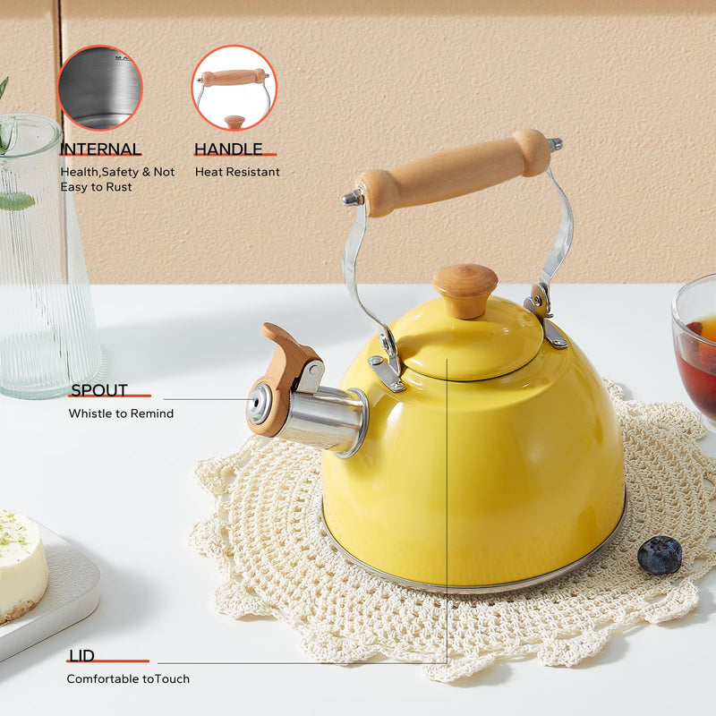ROCKURWOK Tea Kettle, Tea Pot with Cool Touch Ergonomic Handle, Teapot Food Grade Stainless Steel, Tea Kettle Stovetop, Kettle Teapot, Whistling Tea Kettle, Small Tea Kettles, 1.6 Quart (Yellow) Yellow(1.6QT) 1.6 Quarts