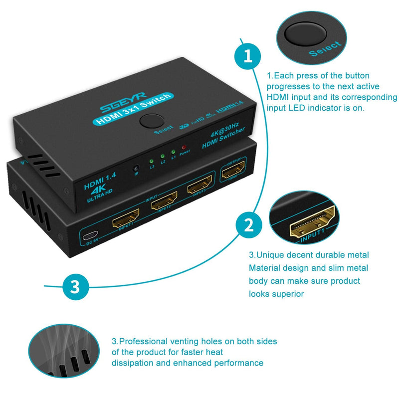 SGEYR HDMI Switch Splitter 3 Port 4K HDMI Switcher 3 in 1 Out HDMI Switches Selector Box with IR Remote IR Remote Control Support 4K@30Hz Ultra HD 3D 2160P 1080P