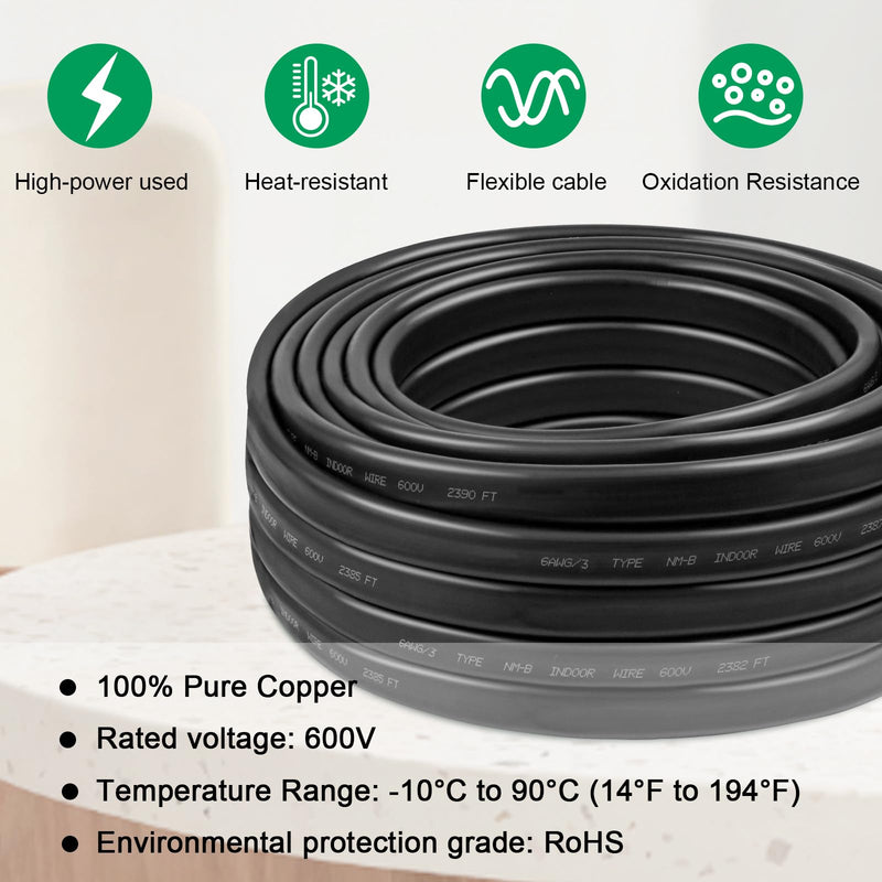 6/3 Wire with Ground - 5FT NM-B 6 Gauge Non-Metallic Sheathed Cable 100% Pure Copper 6 AWG 3 Conductor Residential Indoor Wire for Outlets, Switches, Other Loads and Lighting Wiring Projects etc. 6AWG/3