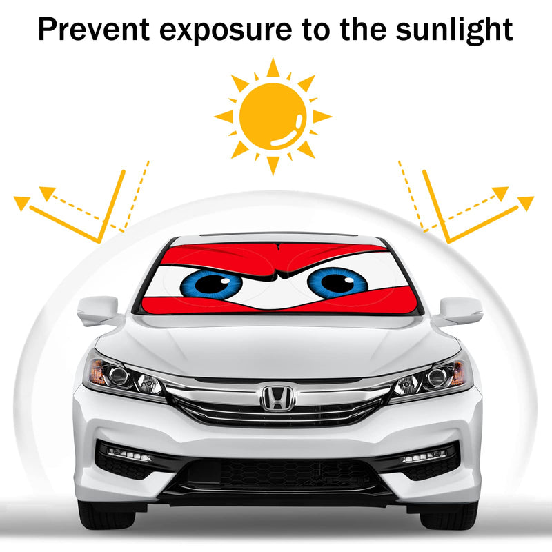 Car Windshield Sun Shade, Funny Car Eyes Sun Visor Wear-Resistant Black Tape, Foldable 63.7" L x 32" W Large angry eyes-red