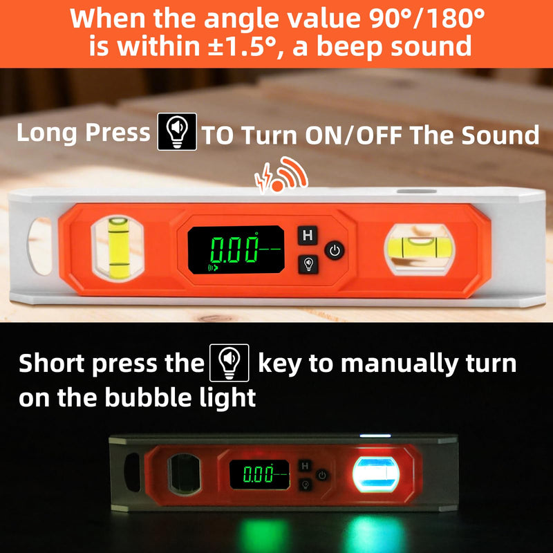 9 Inch Digital Level with LCD Display - Aluminum Angle Finder 90°/180°Bubbles with Auto Ligth Up Function, Torpedo Level with Magnetic V-Groove for Woodwork, Saw & Home Drainage Leveling.