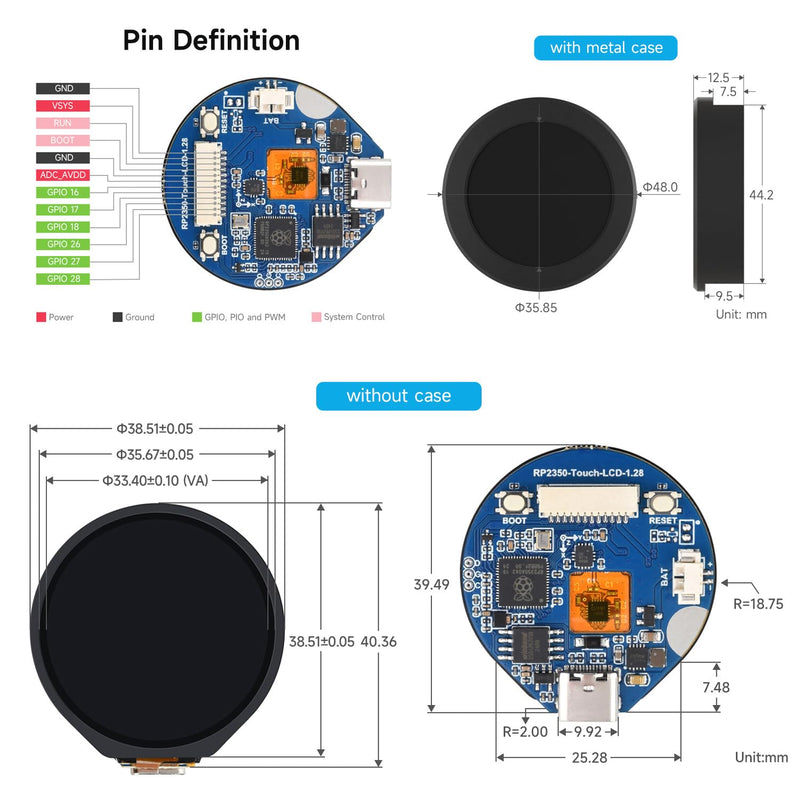 Waveshare RP2350 MCU Board, with 1.28inch Round Touch LCD, Dual-core & Dual-Architecture Design, 240×240 Pixels, 65K Color, IPS Panel, with Case