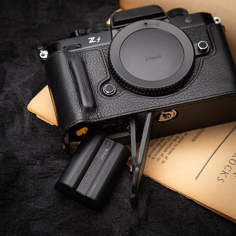 Handcrafted Vintage Half-Wrap Camera Protector Genuine Leather Camera Case for Nikon ZF (Black) Black