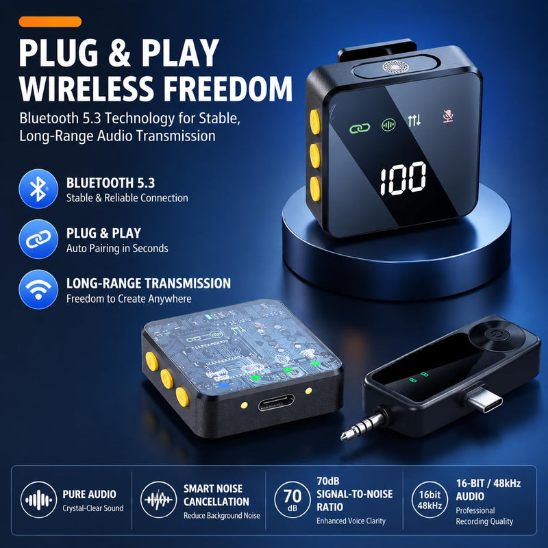 2.4GHz Wireless Lavalier Microphone, 70dB SNR Noise Cancelling Lapel Mic, 3-in-1 Plug & Play Mic for iPhone Android Camera, 20H Battery, Ideal for Vlogging Podcast Live Stream