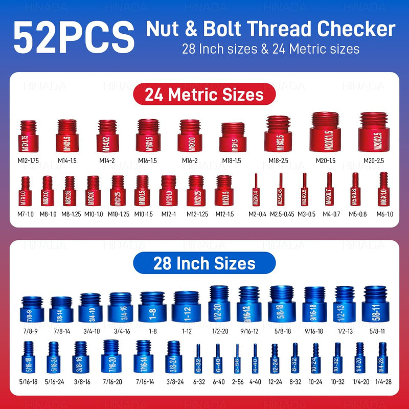 52PCS Nut and Bolt Thread Checker, 28 Inch & 24 Metric Box Set Thread Gauge, Thread Checker Kit in Standard and Metric Suitable for Nut Bolt Size Finder on Tricky and Narrow Area 52pcs