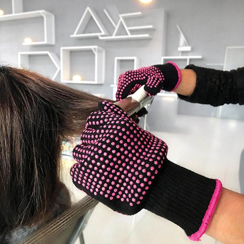 Heat Resistant Gloves 2 Pcs, Double Sided Non Slip Silicone Bumps Heat Glove, Pink Elastic Heat Proof Gloves for Hair Tools, Curling Iron Wand, Hair Straightener, Hot-Air Brushes, Hair Dryer