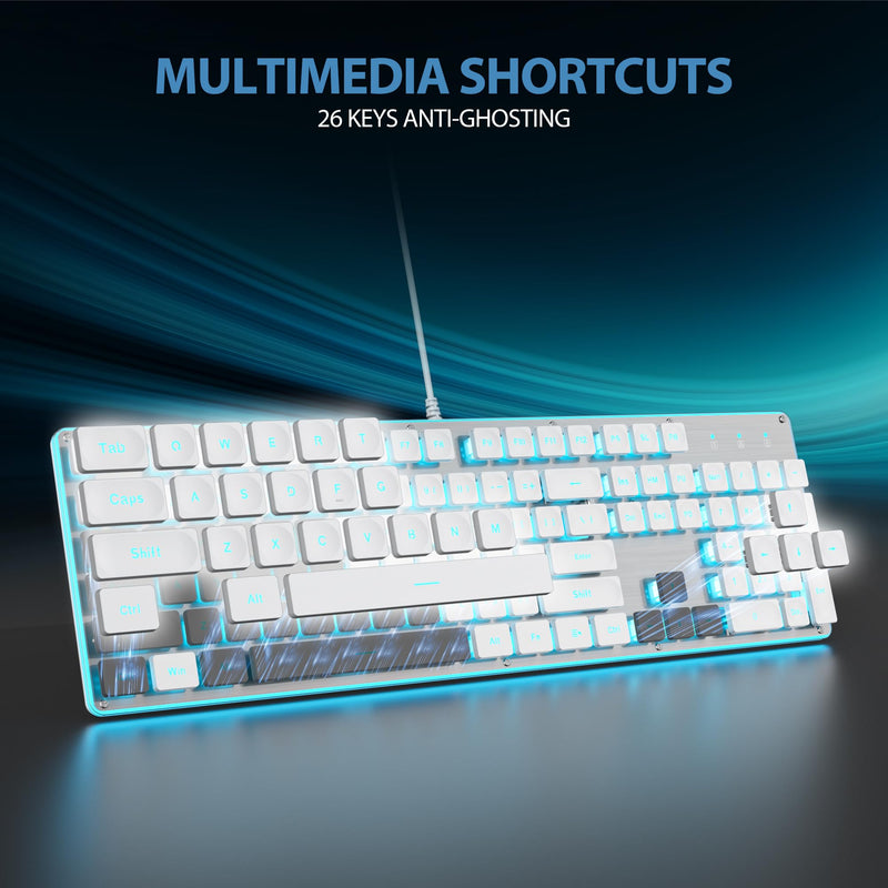surmen G1000 Backlit White Quiet Office Keyboard Full Size 104 Keys with Metal Panel, Silent Membrane USB Wired Gaming Keyboard for PC, Desktop, Computer(White)