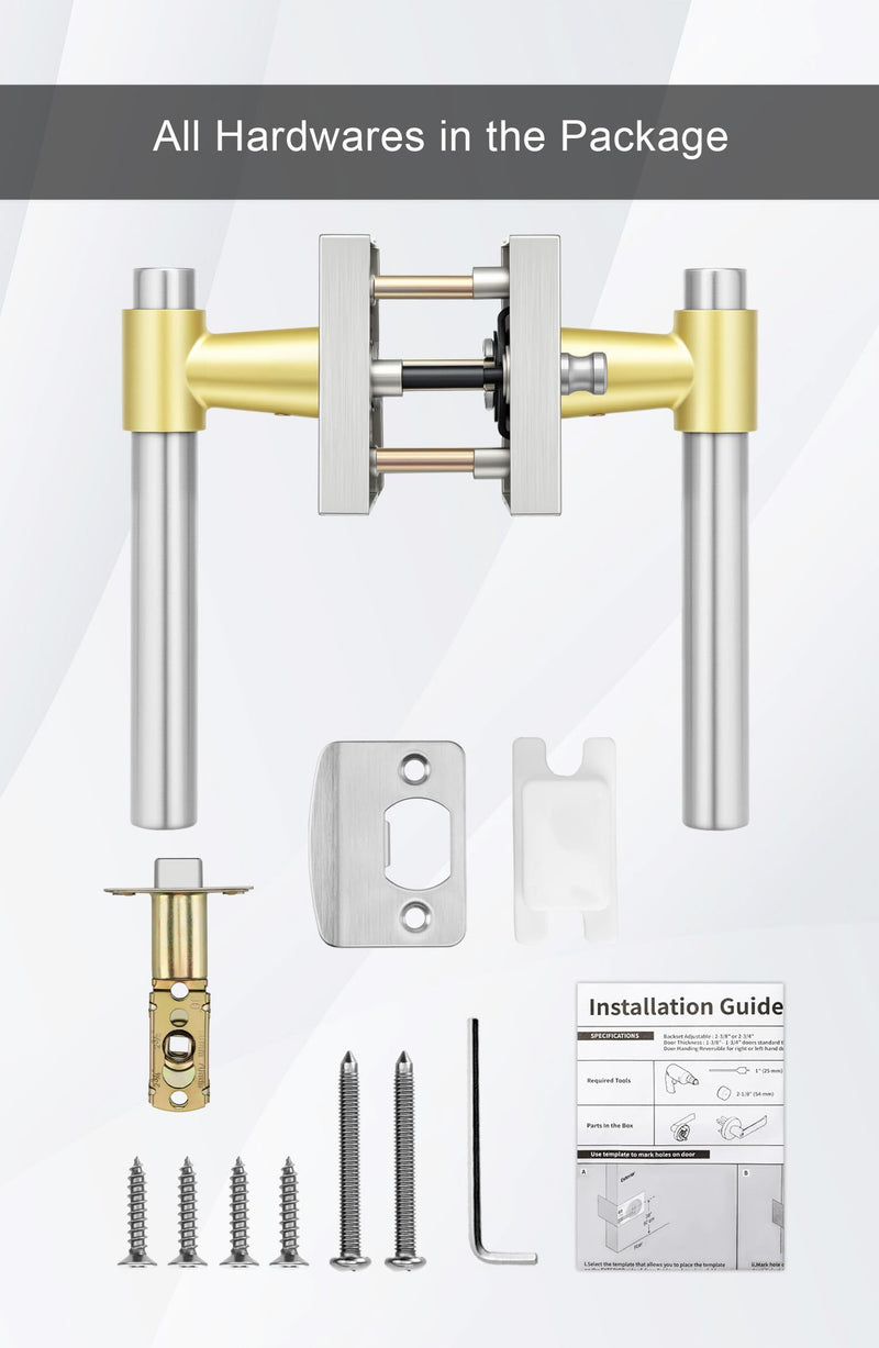 Goldenwarm 1 Pack Silver and Gold Interior Door Handles, Heavy Duty Privacy Door Handles Levers, Brushed Nickel Door Handles Interior for Bedroom and Bathroom(Square, Zinc Alloy) Brushed Nickel and Gold