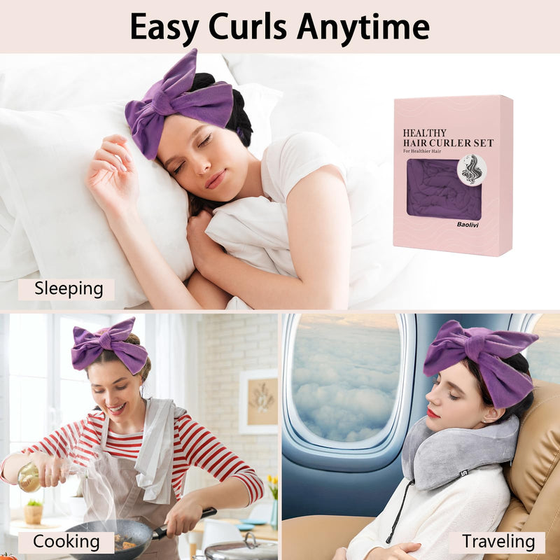 Velvet Hair Curlers No Heat, Soft Heatless Hair Curler Curling Headband, 70" Overnight Curls Hair Curlers to Sleep in, 9 PCS Heatless Curler Rollers Set for Waves Medium Long Hair Purple
