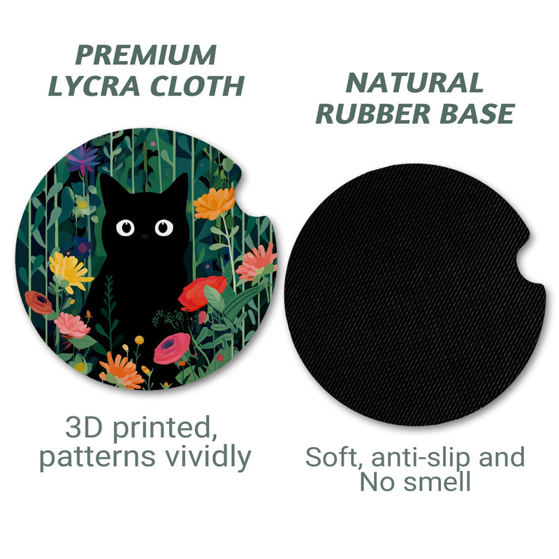 Car Coasters for Cup Holders，2.75" Anti Slip Rubber Mat with A Finger Notch, 2 Pack Car Cup Holder Coasters for Car Interior Accessories for Women Men Flower Balck Cat