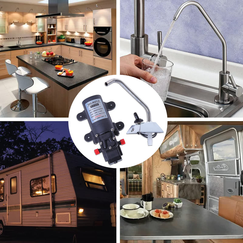 12v Water Pressure Diaphragm Pump 4.3 L/min 1.1 GPM 35 PSI with 360°Spin Faucet/Tap - Caravan RV Marine Boat