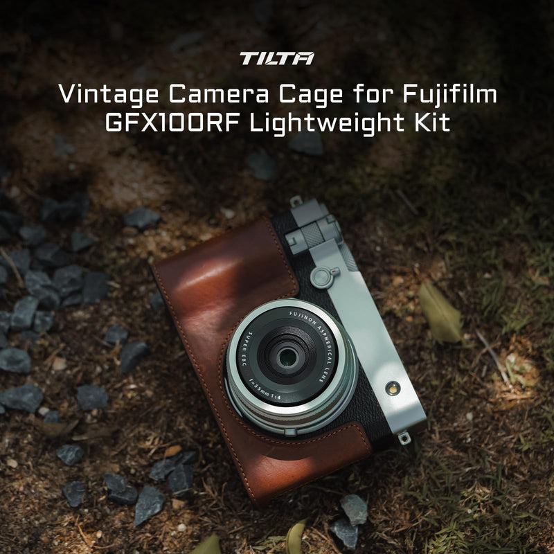 Tilta Vintage Camera Cage Compatible with Fujifilm GFX100RF – Lightweight Kit, Black | Includes Leather Camera Case (Brown) & Hot Shoe Thumb Bracket | Custom Grip Design, Battery Access