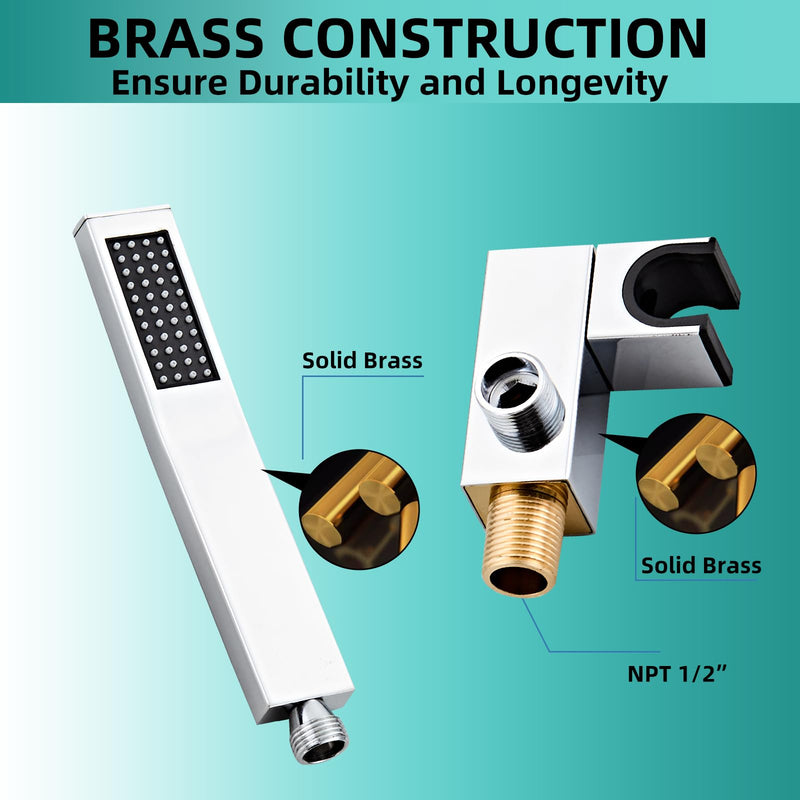 Bathroom Square Chrome Solid Brass Hand Held Shower Head With Wall Connector and Hose System Wall Mount Handheld Showerheads Set