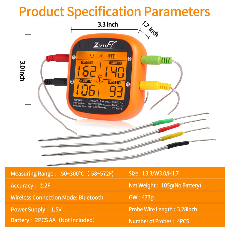 Instant Read Food Meat Thermometer Wireless Digital with LCD Display and 4 Stainless Probes,Advanced Electronic Thermometer Waterproof for BBQ Cooking Kitchen Outside Grill